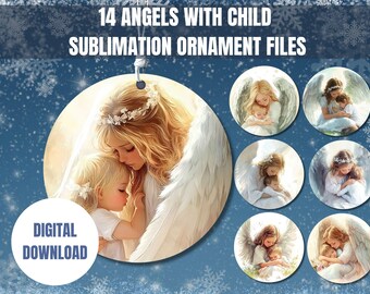 Engel Sublimationsornamente Bundle aus 14 PNG Engel mit Kind Gedenkstätte Sofortiger Download 4x4 Zoll Kreis