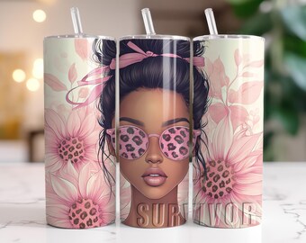 Becherhülle mit pinkfarbenem „Messy Bun“-Motiv zur Sensibilisierung für Brustkrebsüberlebende (590 ml, schmal) – Sublimationsdesign zum sofortigen Download (PNG)