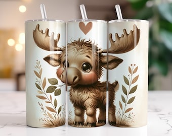 Cute Moose Tumbler Wrap, Sublimation Design Digital Download PNG Cartoon Moose Design 20oz Skinny Tumbler Wrap