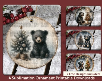 Schwarzer Bär Sublimationsornamentdateien, Weihnachtsornamentpaket, 4 PNGs für Sublimation, 4 x 4 Zoll, printable Download