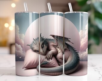 Envoltura para vaso con diseño de dragón rosa, diseño de sublimación, descarga digital PNG, diseño de dragón fantástico, envoltura para vaso delgado de 20 oz.