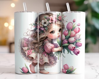 Floral Girl Becherhülle, Sublimationsdesign, digitaler Download (PNG), Tulpen und rosa Design, 20oz schmale Becherhülle