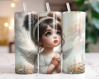Becherhülle „Kleiner Engel“, Sublimationsdesign, digitaler Download (PNG), florales Engel-Mädchen-Design, 20oz schmale Becherhülle