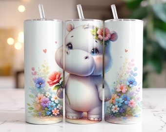 Hippo-Becherfolie, Sublimationsdesign, digitaler Download, PNG-Blumenmuster, 20oz schmale Becherfolie