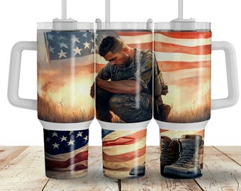 Militär-Motiv für 40-oz-Becher, patriotischer Soldat, US-Flagge, 40-oz-Becherfolie für schmale Sublimation (digitales Design, PNG)