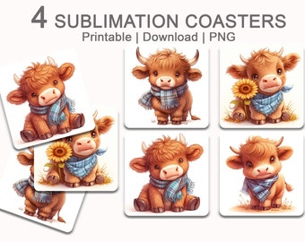 Highland Kalb Untersetzer Printable Download 300 DPI PNG Bild Scottish Highland Kuh Quadrat Sublimation Coaster Set Designs