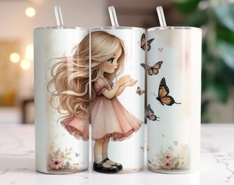 Butterfly Girl Becherhülle, Sublimationsdesign, digitaler Download (PNG), Frühlingsmädchen- und Schmetterlingsmotiv, 20oz schmale Becherhülle