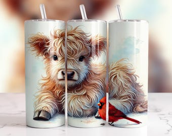 Highland Kuh Sublimation Wrap 20 Unze Skinny Tumbler, Cardinal Aquarell Sublimationsbecher Design-Vorlage, digitaler Download, PNG-Design