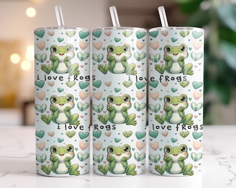 Frosch Tumbler Wrap, Sublimationsdesign Digitaler Download PNG Frosch und Herzen Nahtloses Design 20 Unzen Skinny Tumbler Wrap
