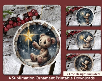 Paquete de adornos navideños de osos, 4 imágenes PNG de osos de peluche para sublimación, 4 x 4 pulgadas, descarga imprimible.