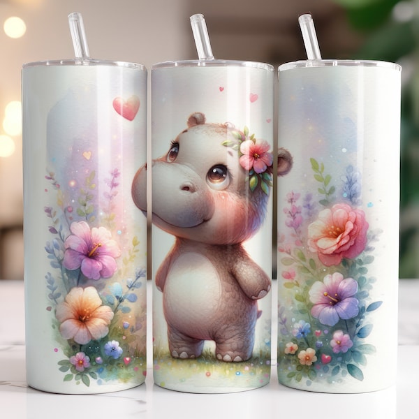 Hippo Tumbler Wrap, Sublimation Design Digital Download PNG Floral Hippo Animal Design 20oz Skinny Tumbler Wrap