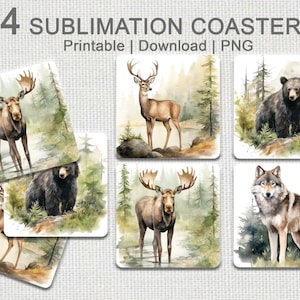 May include: Set of four sublimation coasters featuring watercolour illustrations of a moose, deer, bear and wolf in a forest setting. The coasters are printable and come in PNG format.