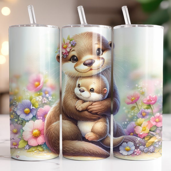 Otter Mom Tumbler Wrap, Sublimation Design Digital Download PNG Mom and Baby Animal Design 20oz Skinny Tumbler Wrap