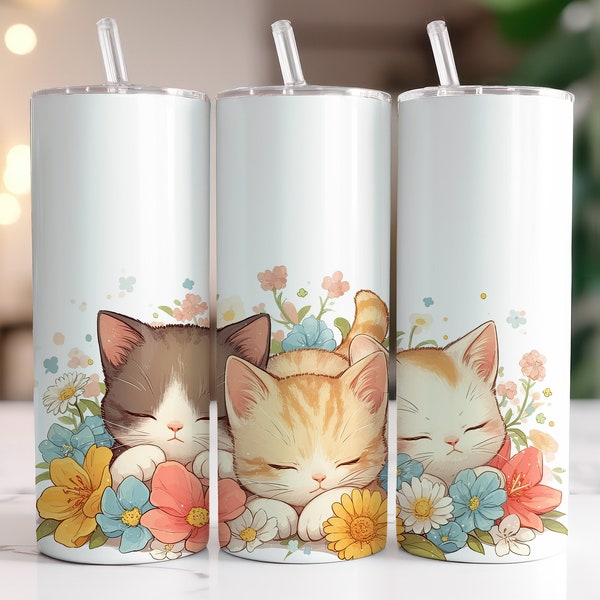 Floral Kittens Tumbler Wrap Sublimation Design Digital Download PNG Watercolor Cats Flowers Design 20oz Skinny Tumbler Wrap