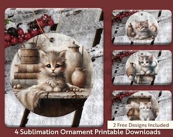 Kätzchen Sublimation Ornament Bundle, 4 Feline PNGs für Sublimation, 4 x 4 Zoll, printable Download