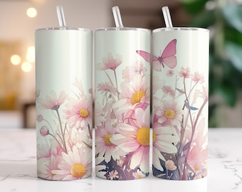 Aquarell-Schmetterlings-Becherfolie, Sublimationsdesign, digitaler Download (PNG), Schmetterlings- und Gänseblümchen-Geschenkdesign, 20oz schmale Becherfolie