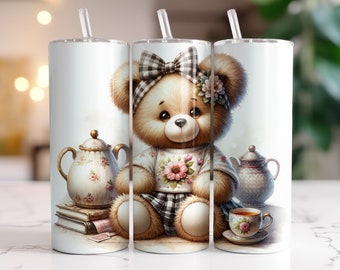 Teddy beim Tee Tumbler Wrap, Sublimationsdesign Digitaler Download PNG Teddybär Design 20 Unzen Skinny Tumbler Wrap