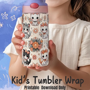 Kitten Kid&#39;s Sippy Cup Wrap, A Child or Kid&#39;s Flip Top Tumbler Sublimation Design, Digital Download PNG, Printable Design