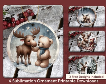 Weihnachtsschmuck-Set mit Elch und Teddybär, 4 Tier-PNGs für Sublimation, 10 x 10 cm, zum Ausdrucken