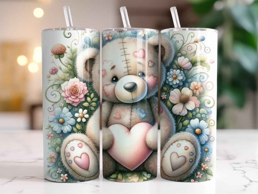 Pink Floral Teddy Bear Tumbler Wrap, Sublimation Design Digital ...