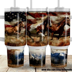 May include: Three stainless steel tumblers with lids and straws. Each tumbler features a different design of a horse running through a field with an American flag in the background. The bottom of each tumbler has a mountain scene.