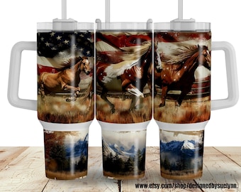 40-oz-Becherfolie mit amerikanischen Pferden, 40-oz-Becherfolie mit galoppierenden Pferden, patriotisches Becher-PNG-Design
