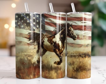 Amerikanisches Pferde-Design für Becherfolie, Sublimationsdruck, digitaler Download (PNG), patriotisches Pferdemotiv, 20oz schmale Becherfolie