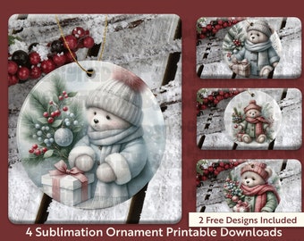 Archivos de adornos de osos para sublimación, paquete de adornos navideños de ositos de peluche, 4 archivos PNG para sublimación, 4 x 4 pulgadas, descarga imprimible.