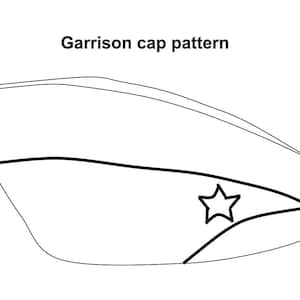 May include: A black and white illustration of a garrison cap pattern. The cap is a side cap with a star emblem. The text "Garrison cap pattern" is above the cap.