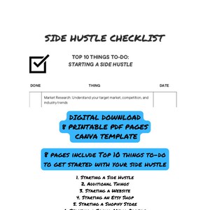 Side Hustle Checklist - Top 10 Things To-Do When Starting, Small Business Checklist Planner, Printable Digital PDF, Template