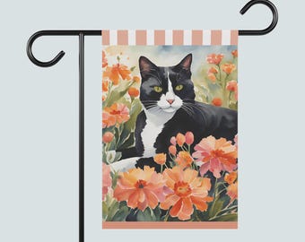 Tuxedo Cat Garden Flag | Floral Art | Custom Cat Garden Flag | Garden Decor | Gift for Tuxedo Cat Owner | EllirooSC