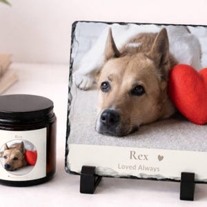 May include: A pet memorial slate with a photo of a dog and a red heart, alongside a candle. The slate is inscribed with the name "Rex" and the words "Loved Always". The candle has a matching image of the dog and heart.