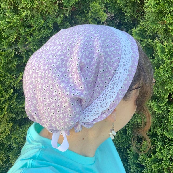 Lavender Daisy & Lace Full Coverage Snood, Headcovering, Tichel, Headscarf, Headwrap, Prayer Covering, Christian Head Covering, Hair Veil