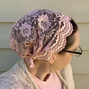 Full and Medium Coverage Pink Floral Lace Snood, Headcovering, Prayer Covering, Christian Head Covering, Headwrap, Headscarf, Tichel