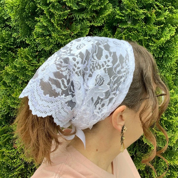 White Rose Lace Medium Headcovering, Headband, Headscarf, Headwrap, Tichel, Prayer Covering, Christian Head Covering