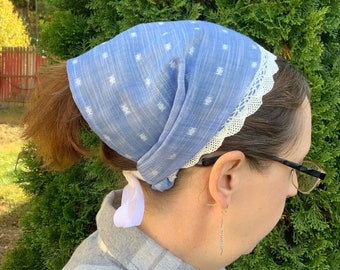 Light Blue Chambray & Lace Medium Headcovering, Headwrap, Headband, Headscarf, Prayer Covering, Christian Head Covering, Tichel