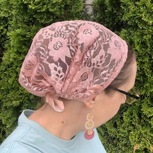 Elastic Back Pink Floral Lace Full Coverage Snood, Headcovering, Headwrap, Headscarf, Tichel, Prayer Covering, Christian Head Covering