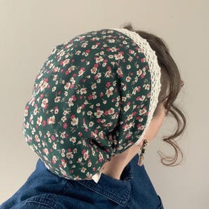 Forest Green Floral & Lace Full Coverage Chiffon Snood, Headcovering, Headwrap, Headscarf, Tichel, Christian Head Covering, Prayer Covering