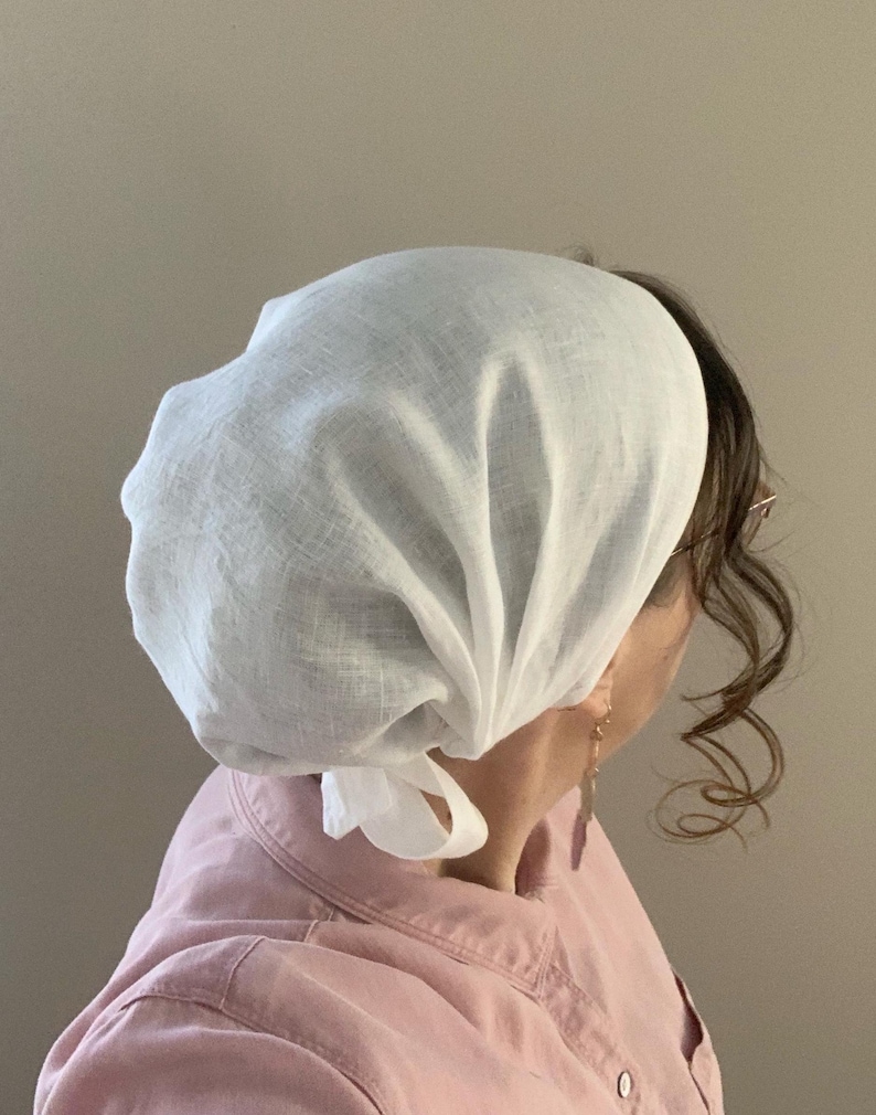 Linen Full Coverage Headcoverings: Solid Color Snood, Headwrap, Tichel, Headscarf, Prayer Covering, Christian Head Covering imagem 5