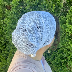 Elegant Floral Stretch Lace Full Coverage Snood, Headcovering, Tichel, Headwrap, Headscarf, Prayer Covering, Christian Head Covering