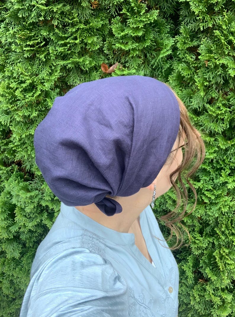 Linen Full Coverage Headcoverings: Solid Color Snood, Headwrap, Tichel, Headscarf, Prayer Covering, Christian Head Covering imagem 4