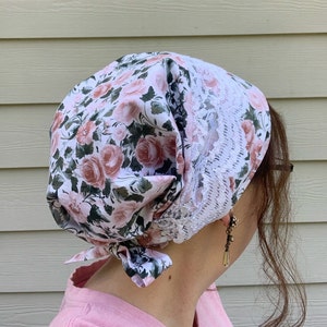 Victorian Rose & Lace Full Coverage Headcovering, Snood, Bonnet, Tichel, Headscarf, Headwrap, Christian Head Covering, Prayer Covering