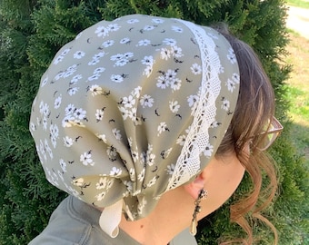 Sage Floral and Lace Snood, Headcovering, Headwrap, Headscarf, Tichel, Prayer Covering, Christian Head Covering