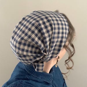 100% Cotton Navy Blue & Beige Homespun Plaid Full Coverage Snood, Headcovering, Tichel, Headwrap, Headscarf, Christian Head Covering