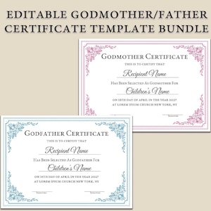Plantilla de certificado de madrina, certificado de padrino editable, paquete de certificado de padrinos imprimible, plantilla de certificado de regalo de bautismo