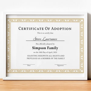 Certificate of Adoption to Our Family, Editable Printable Stepparent ...
