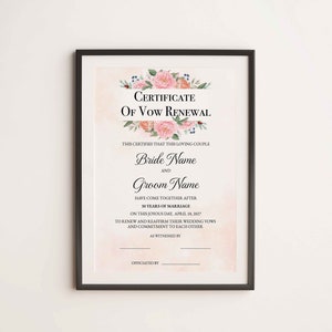Plantilla de certificado de renovación de voto editable, certificado de matrimonio elegante, descarga de regalo personalizado de recuerdo de boda floral imprimible