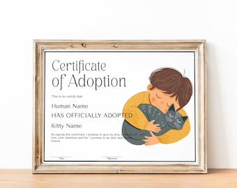 Szablon certyfikatu adopcji zwierząt, EDYTOWALNY adopcja kotka, minimalistyczny, przyjęcie urodzinowe kota, certyfikat adopcji kociaka do pobrania