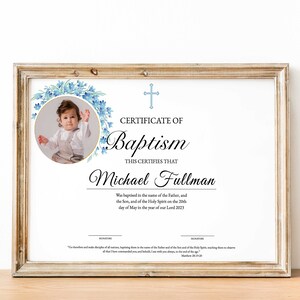 Plantilla de certificado de bautismo de niño con foto, ceremonia de dedicación de bautizo de bautismo, plantilla de iglesia personalizada imprimible editable