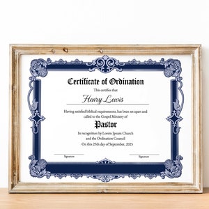 Certificat de pasteur modifiable, modèle d&#39;ordination de diacre, certificat d&#39;ordination imprimable, certificat de ministère modifiable, ministre